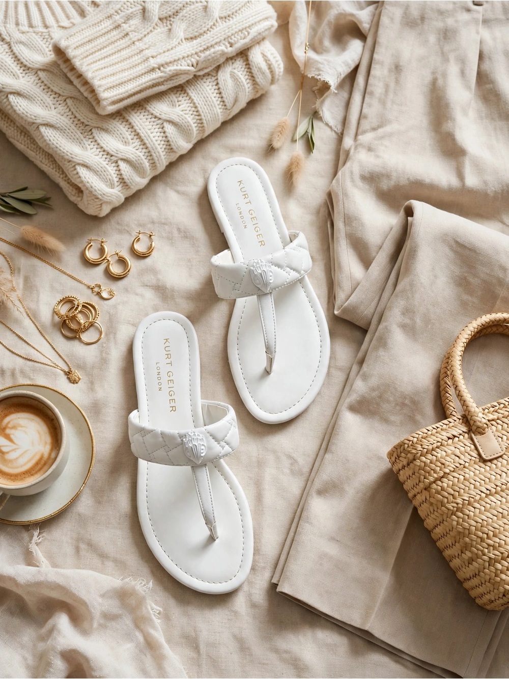 Kurt Geiger White Quilted Thong Slide Sandals